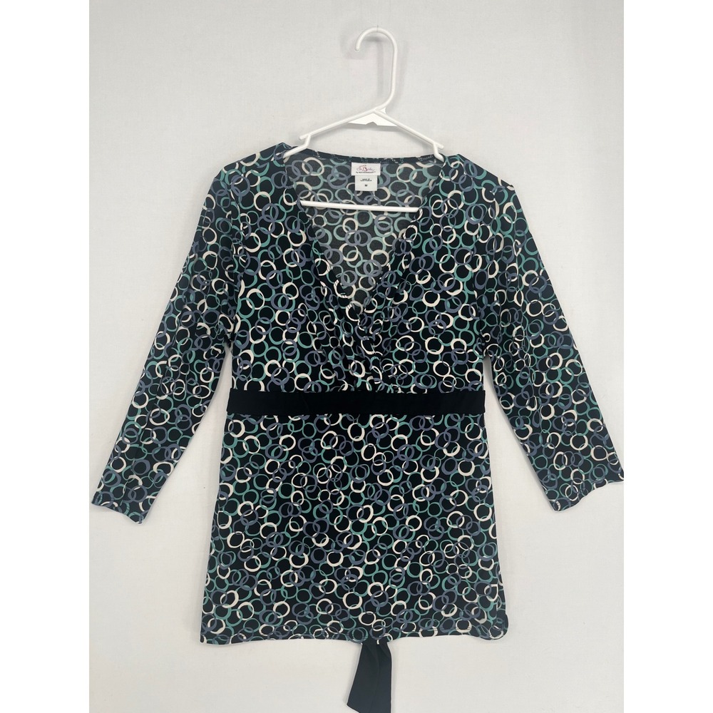 Oh Baby by Motherhood Maternity Top Medium Blue Circle Print Empire Waist Tie